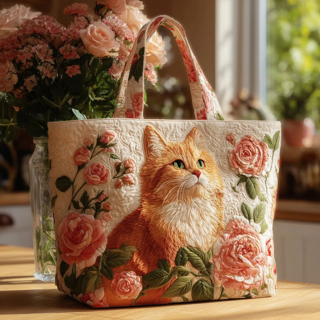 Handcrafted Bag - Pink Cat with Roses