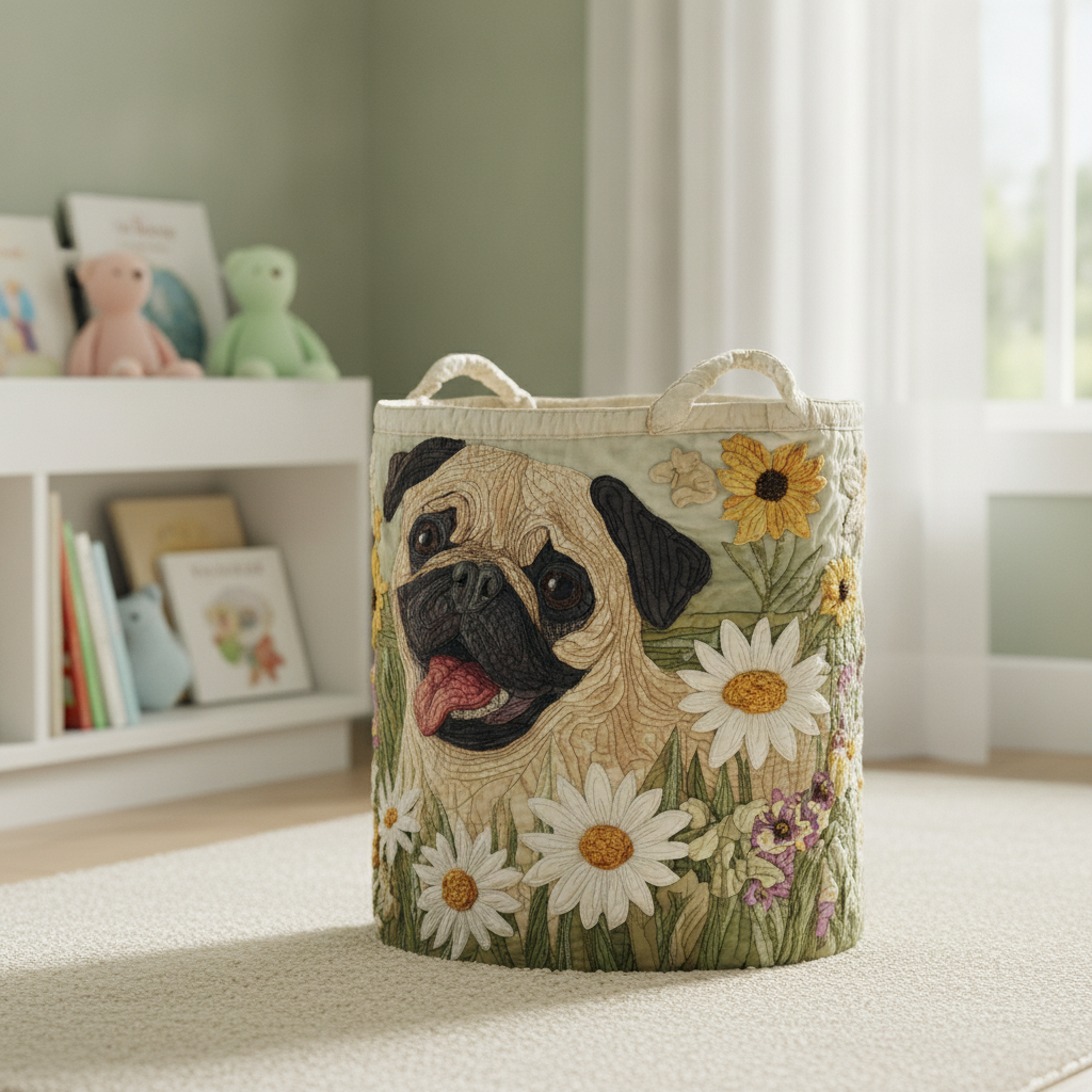 Pug Laundry Basket in Daisies