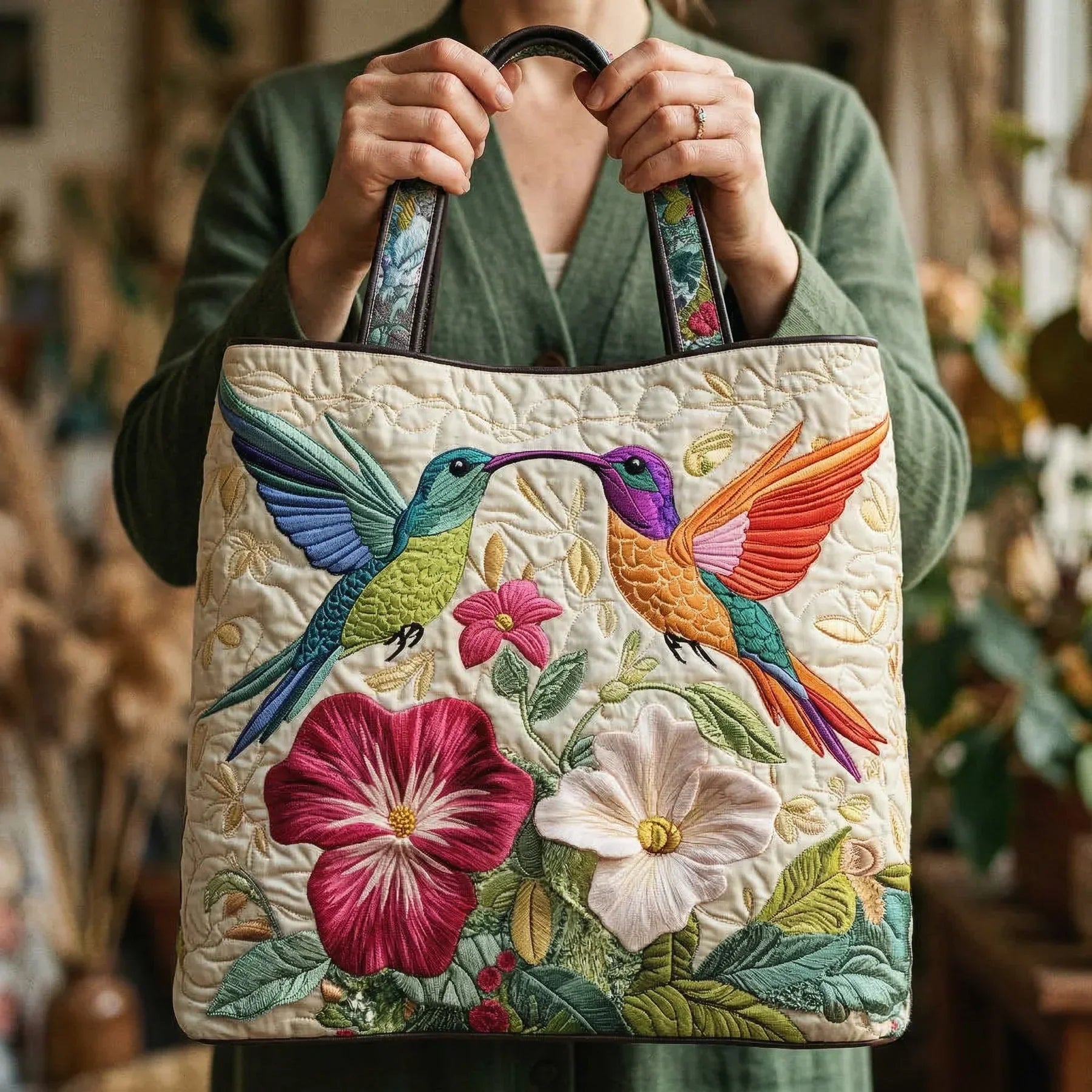 Handmade Bag - Hummingbird and White Flowers